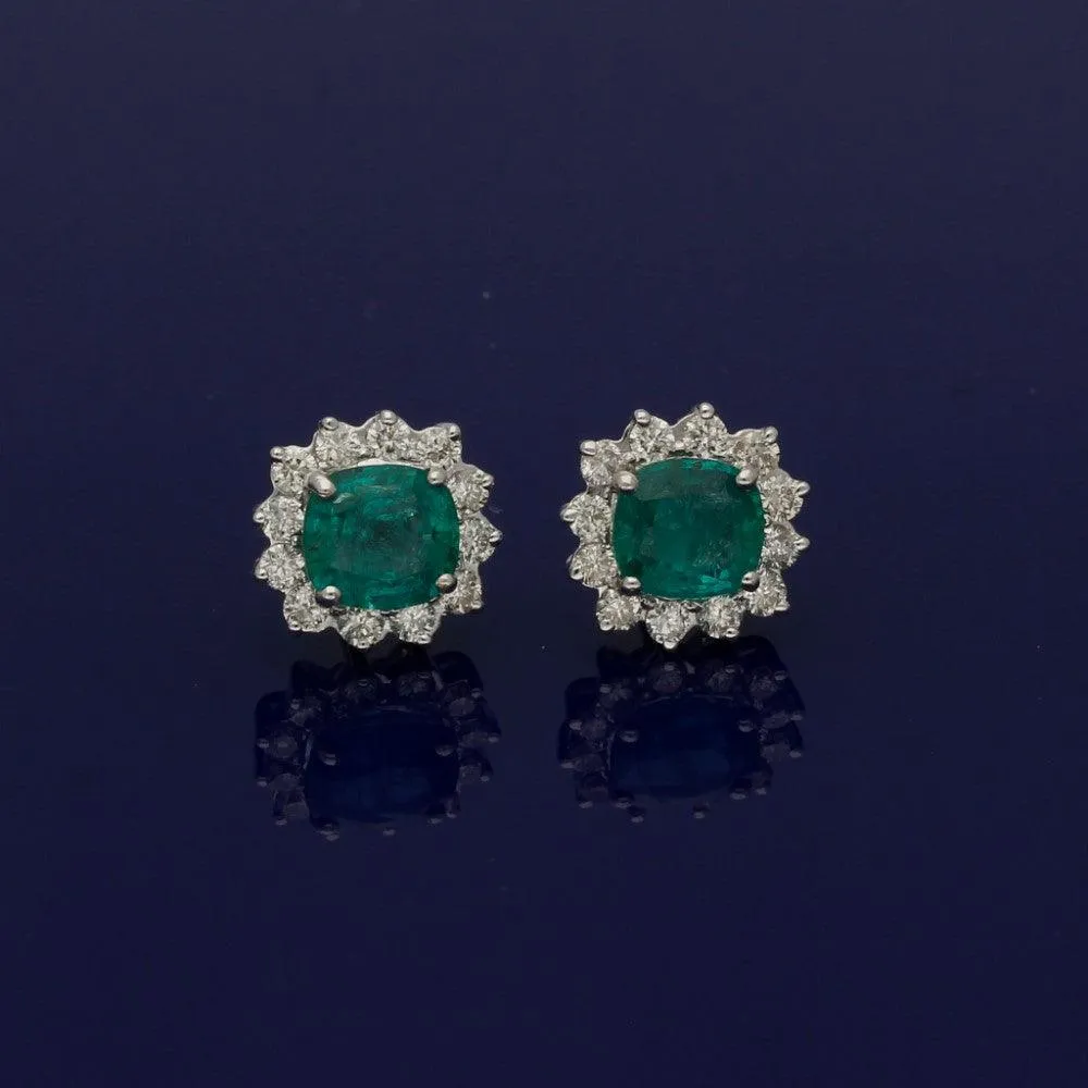 14ct White Gold Emerald & Diamond Cluster Earrings