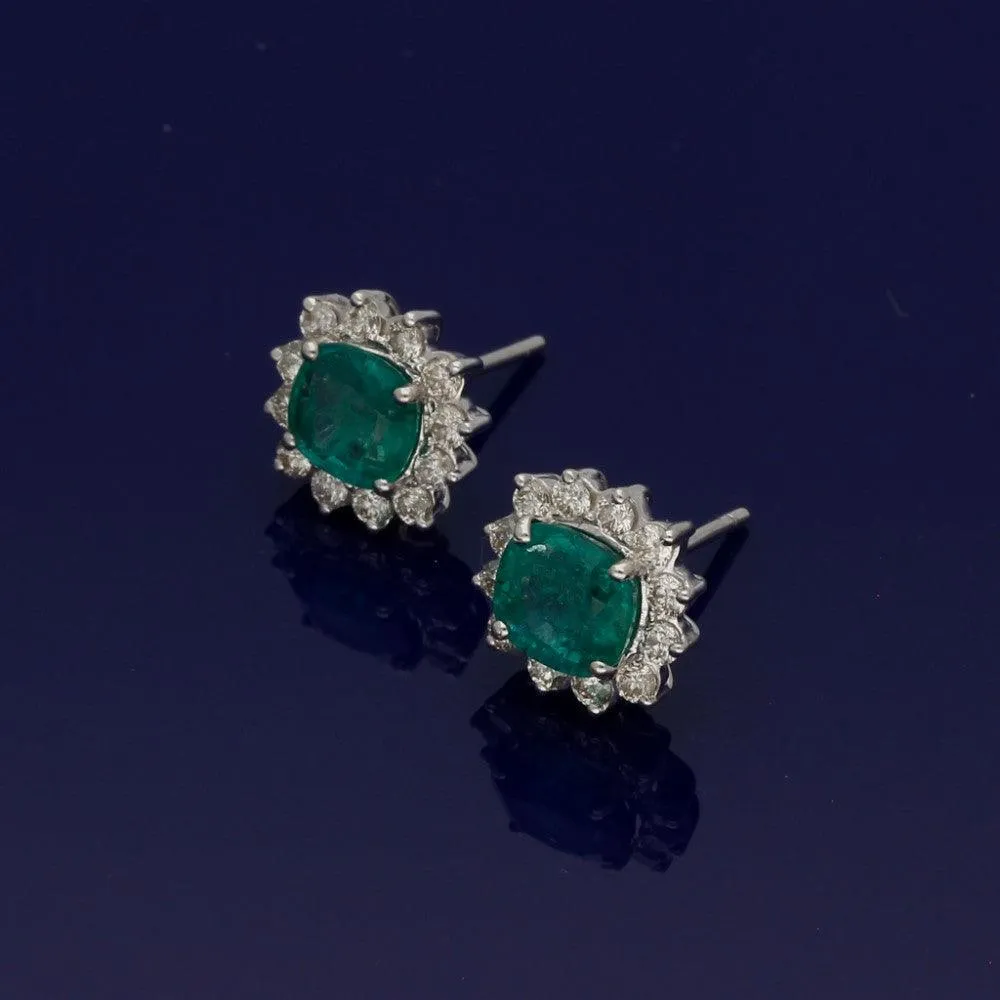 14ct White Gold Emerald & Diamond Cluster Earrings