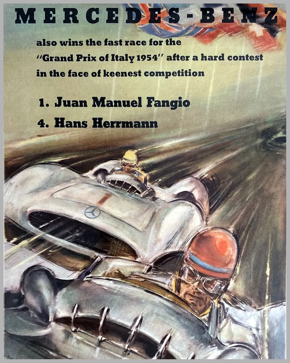 1954 Grand Prix of Italy original Mercedes Benz victory airmail poster by Hans Liska