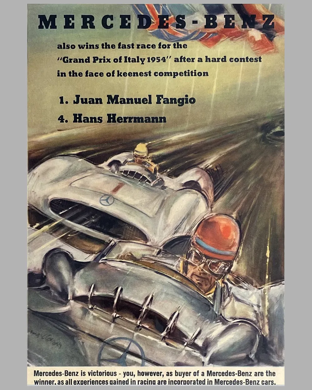 1954 Grand Prix of Italy original Mercedes Benz victory airmail poster by Hans Liska