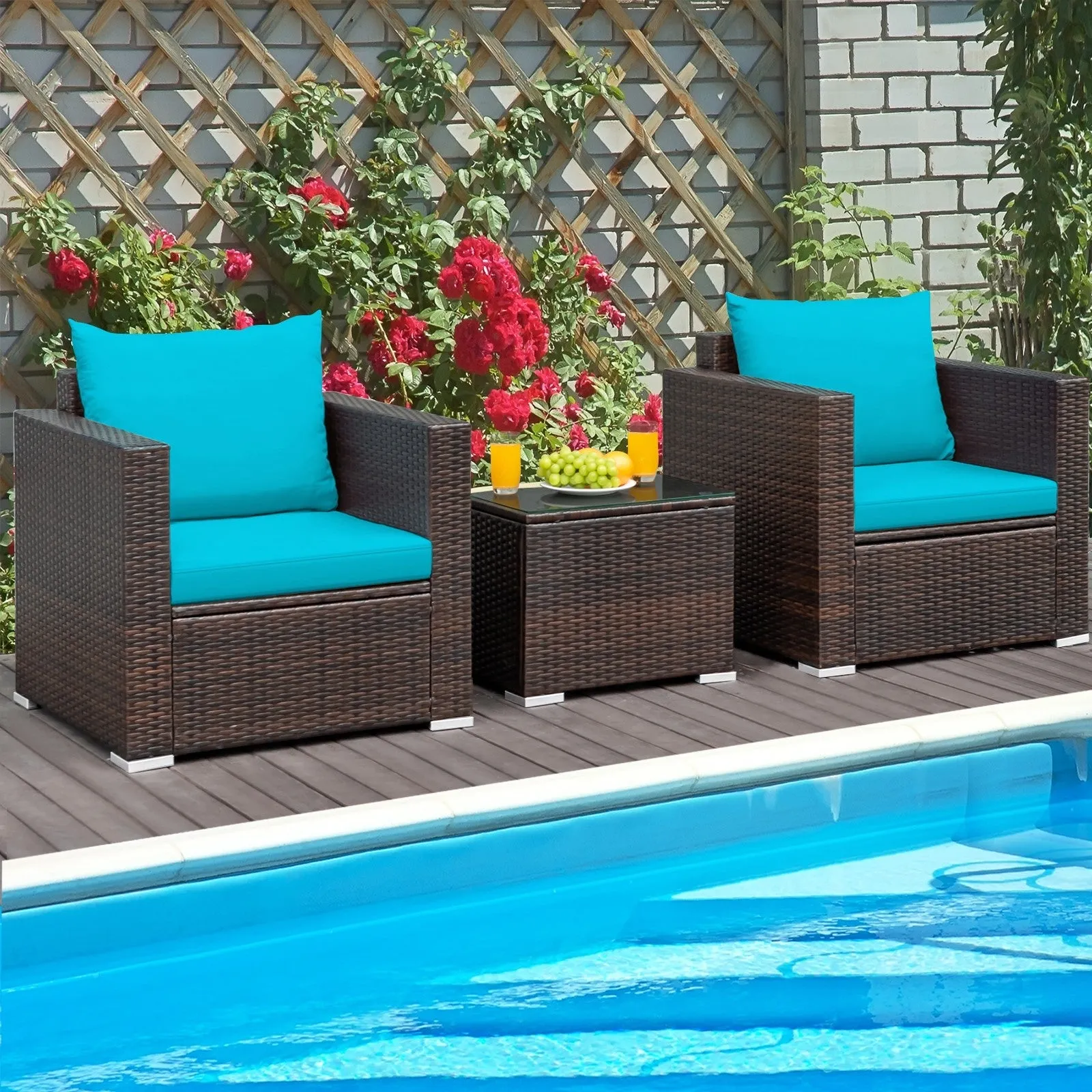 3pc Patio Rattan Conversation Set - Turquoise