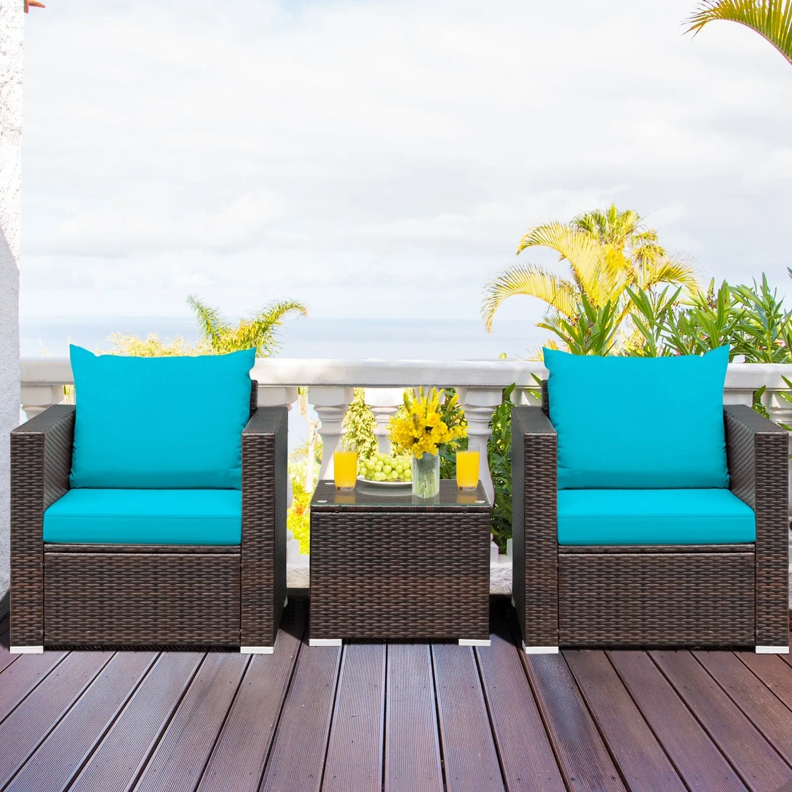 3pc Patio Rattan Conversation Set - Turquoise