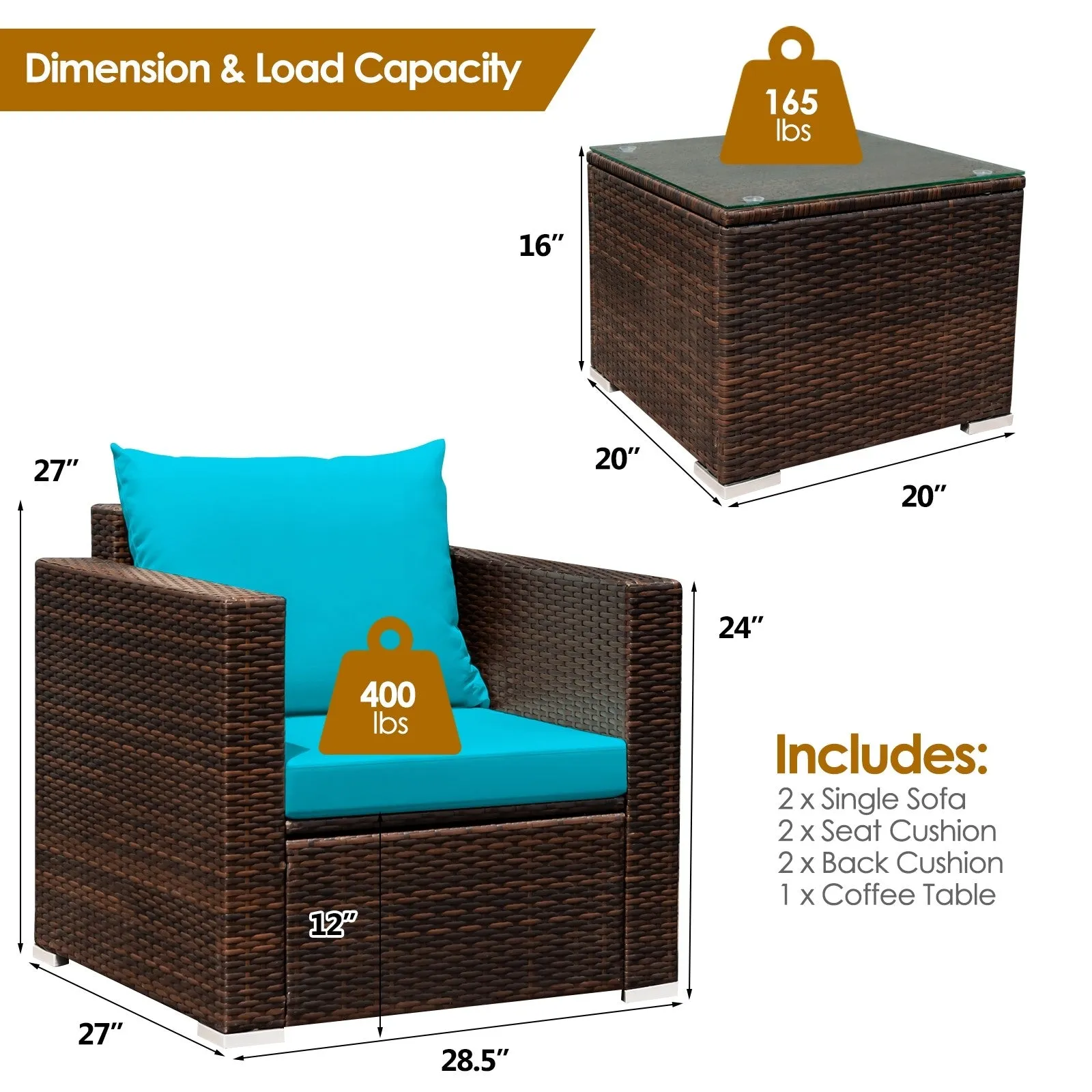 3pc Patio Rattan Conversation Set - Turquoise