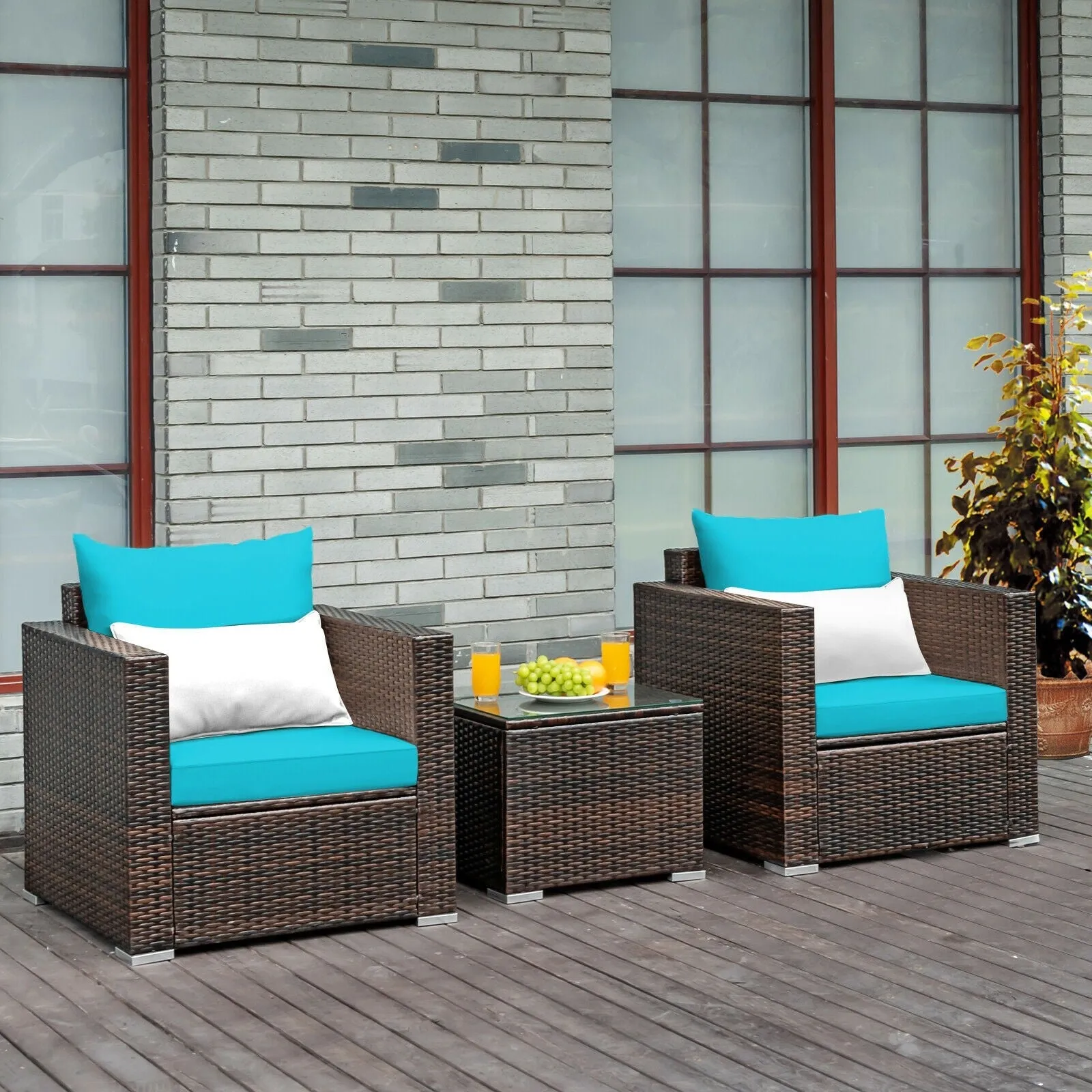 3pc Patio Rattan Conversation Set - Turquoise