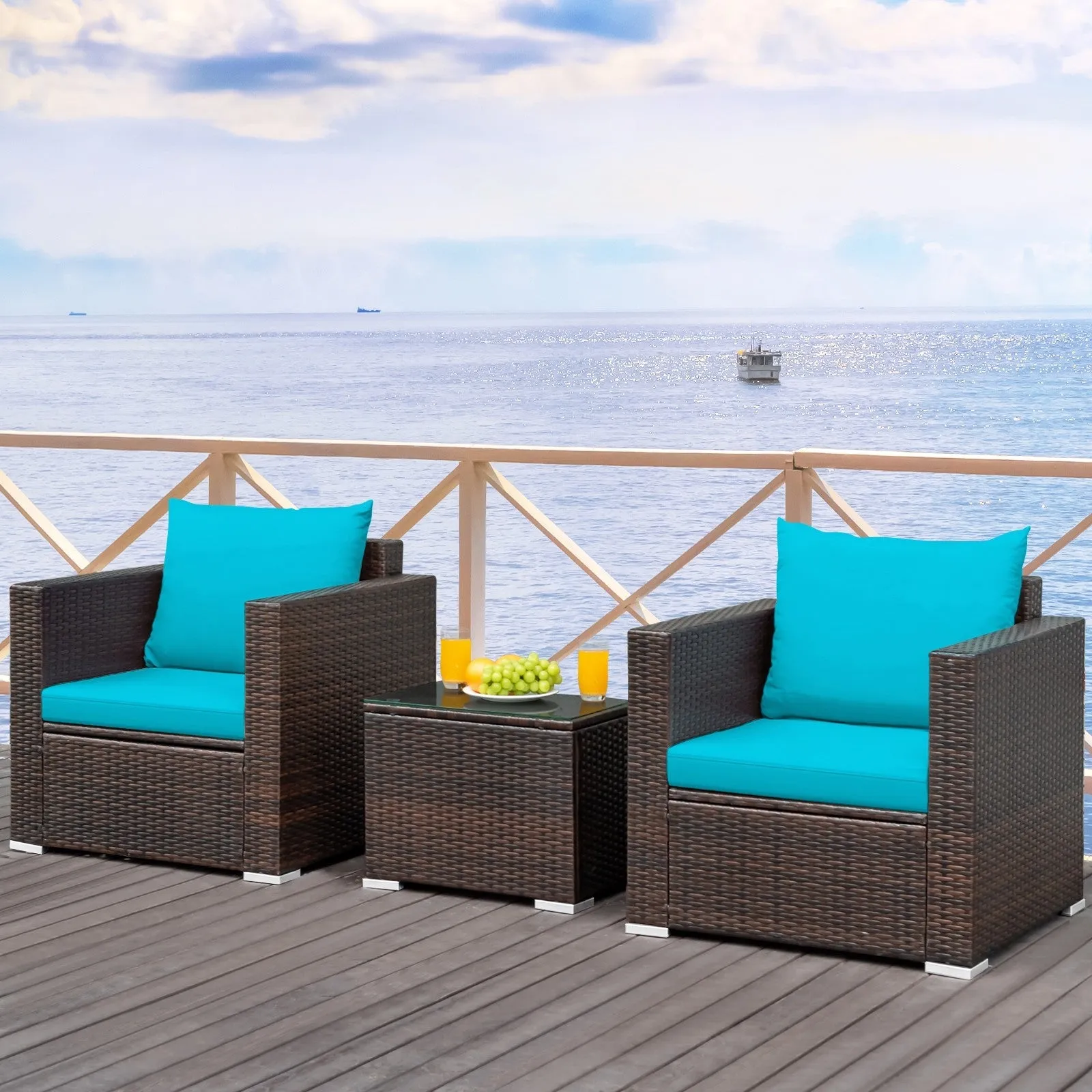 3pc Patio Rattan Conversation Set - Turquoise