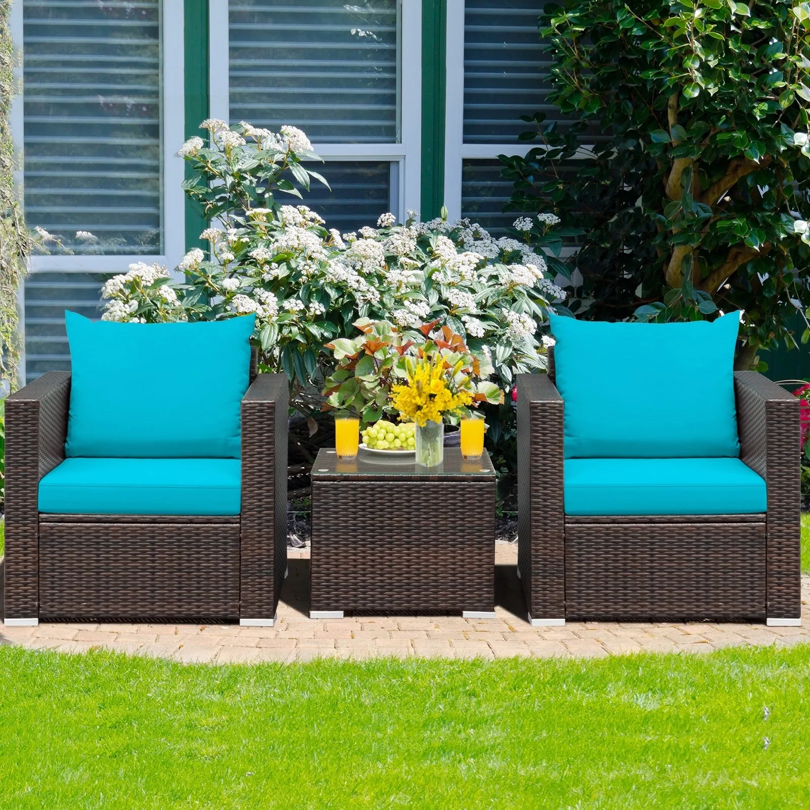 3pc Patio Rattan Conversation Set - Turquoise