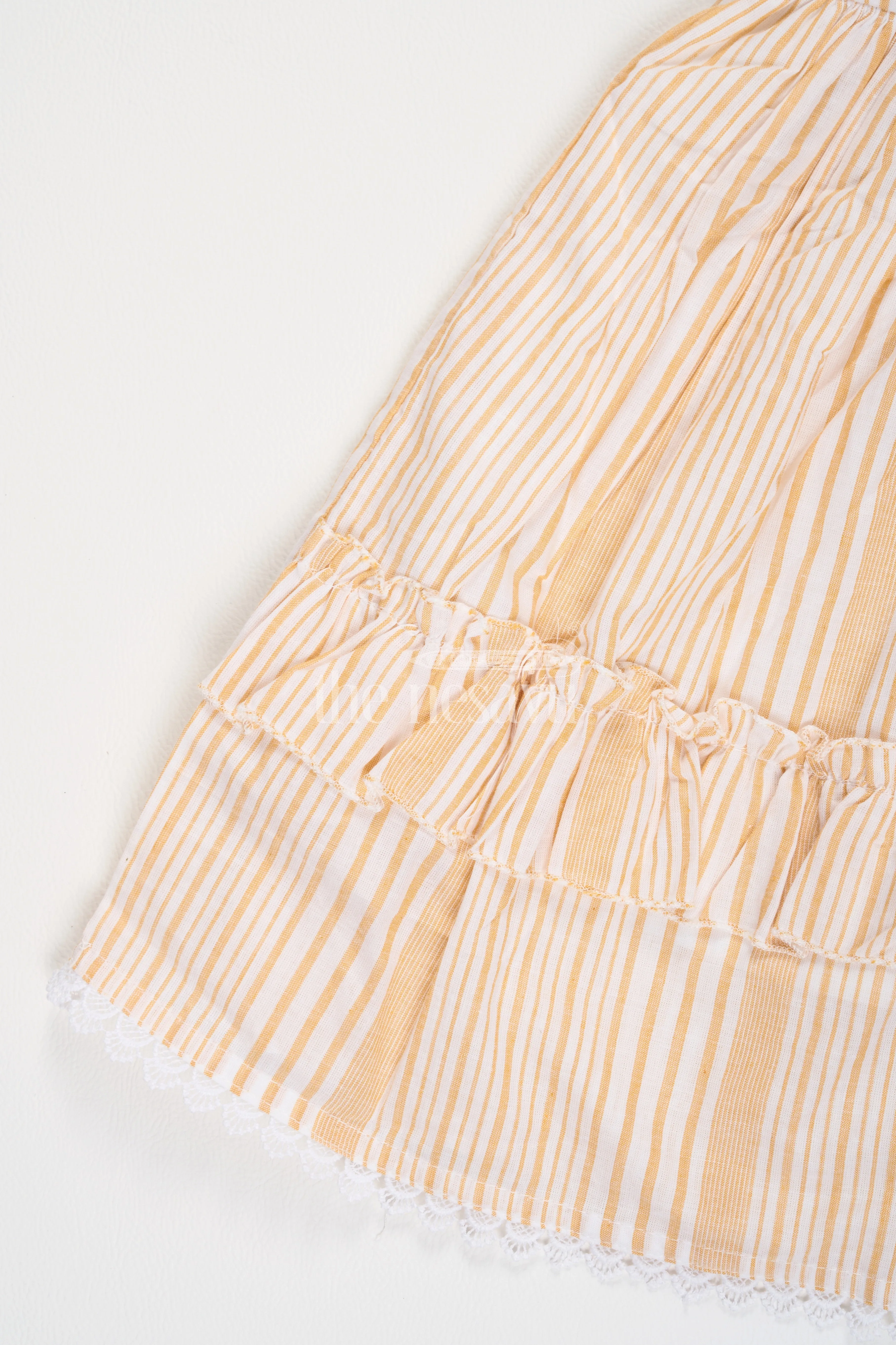 Beige Cotton Frock with Stripes and Pleats for Girls