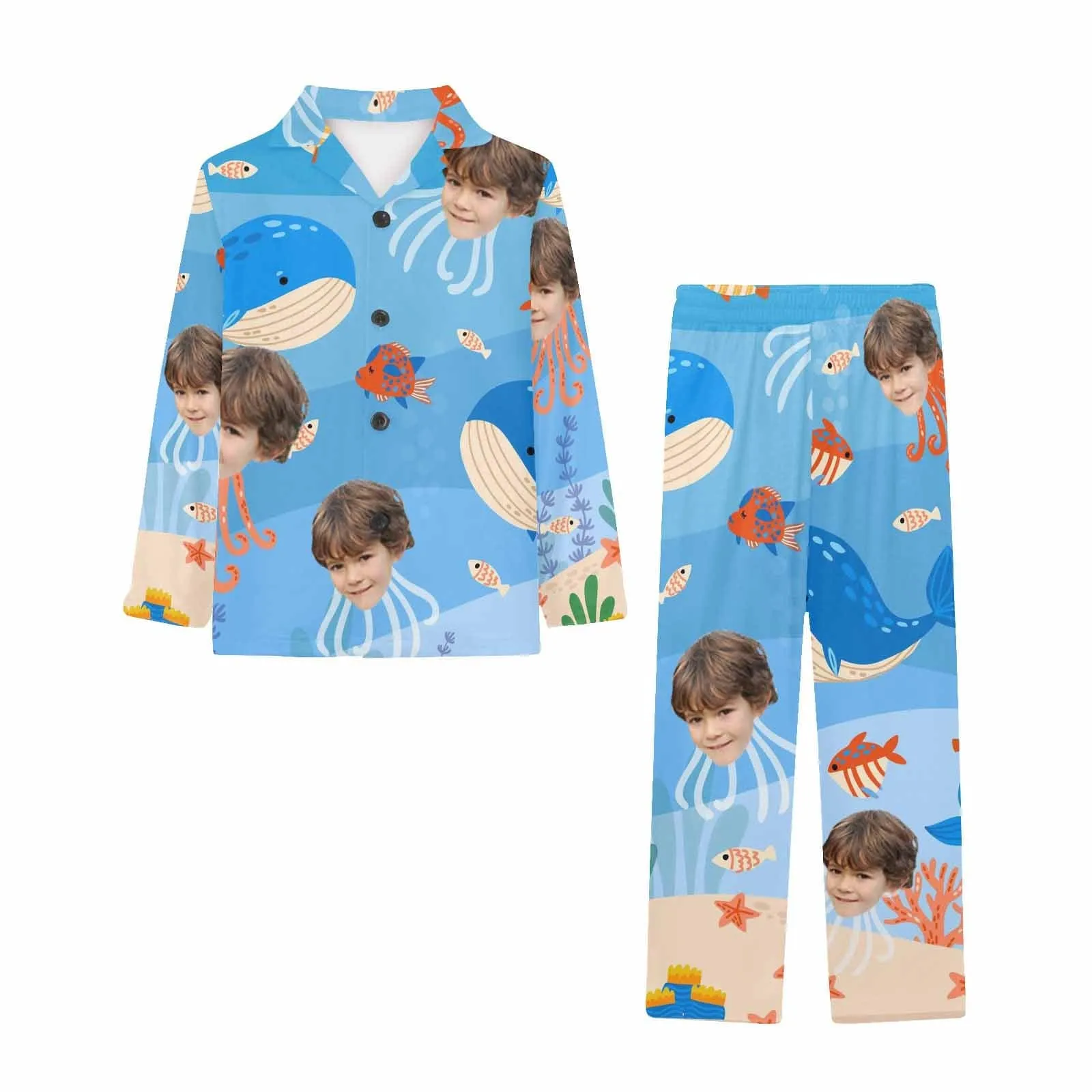 Big Kids Pajamas Whale Seabed Pajamas with Face Custom Photo Personalized Pajama Set For Girls 8-15Y