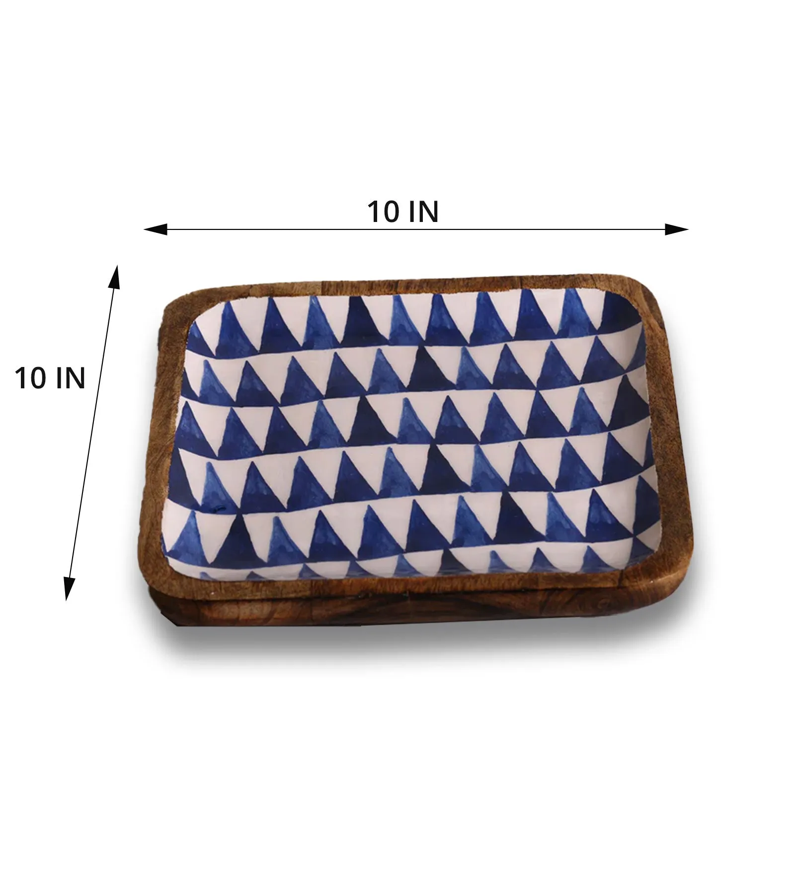 Boho Triangles Blue & White Square Mango Wood Platter With Enamel Finish - 10 x 10 inches | Peacoy