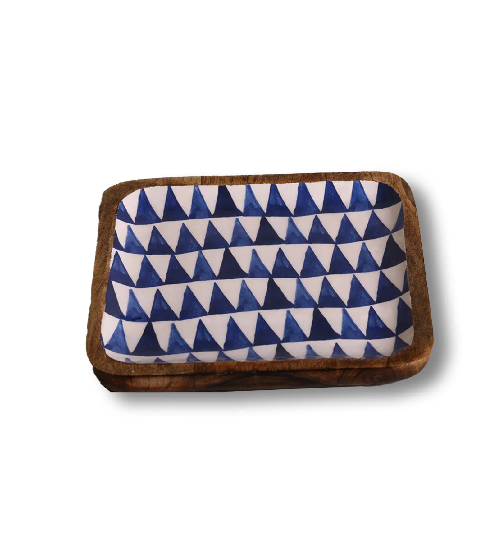 Boho Triangles Blue & White Square Mango Wood Platter With Enamel Finish - 10 x 10 inches | Peacoy