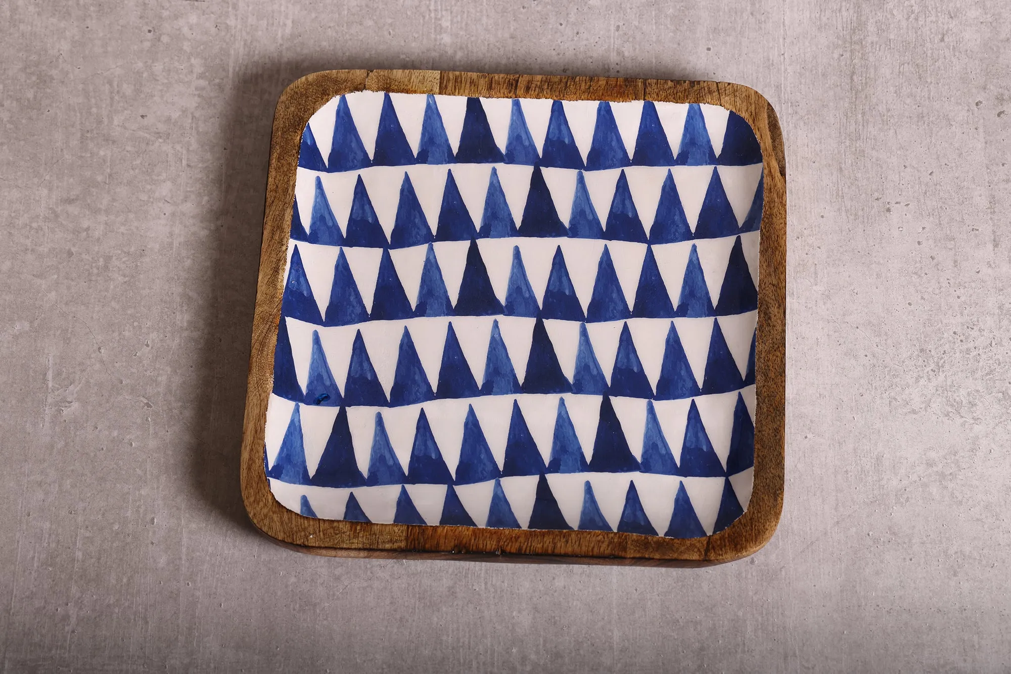 Boho Triangles Blue & White Square Mango Wood Platter With Enamel Finish - 10 x 10 inches | Peacoy