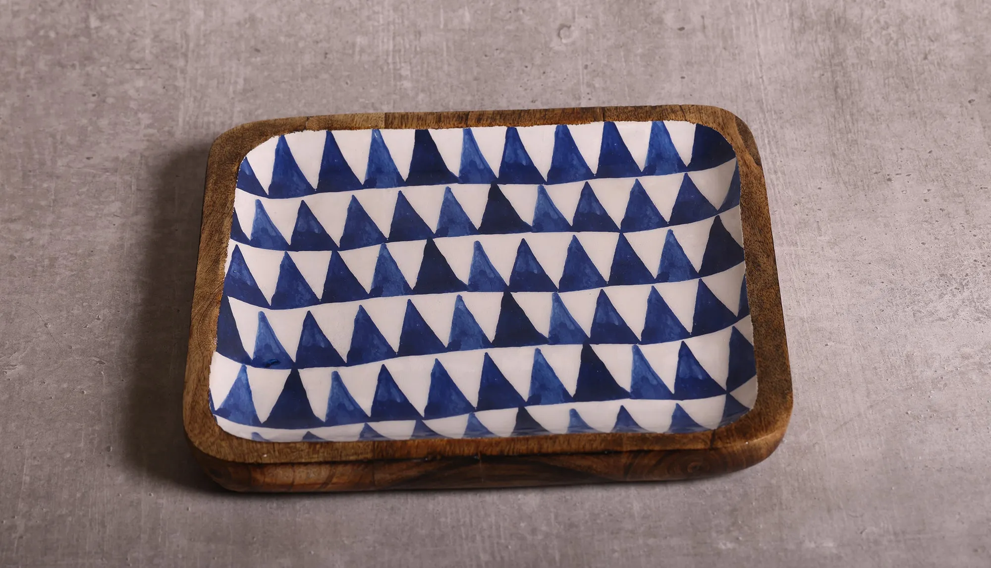 Boho Triangles Blue & White Square Mango Wood Platter With Enamel Finish - 10 x 10 inches | Peacoy