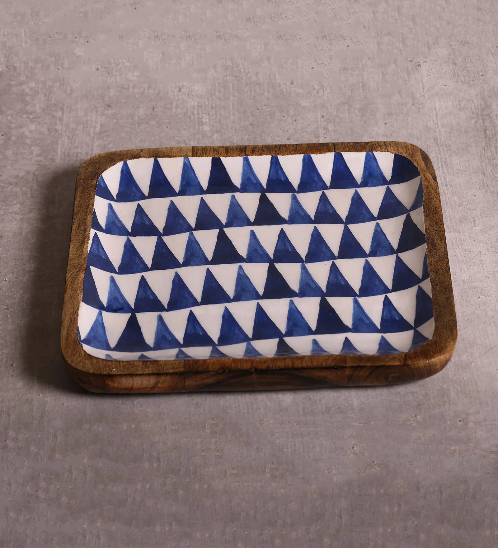 Boho Triangles Blue & White Square Mango Wood Platter With Enamel Finish - 10 x 10 inches | Peacoy