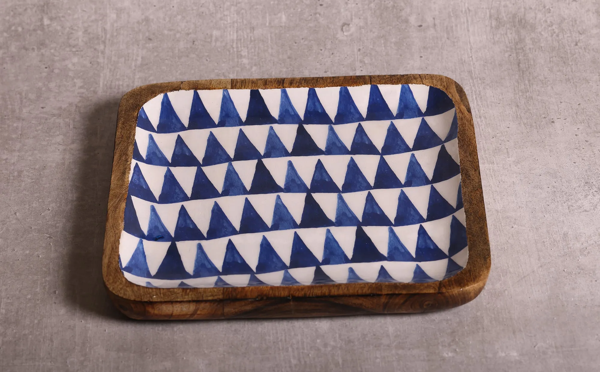 Boho Triangles Blue & White Square Mango Wood Platter With Enamel Finish - 10 x 10 inches | Peacoy