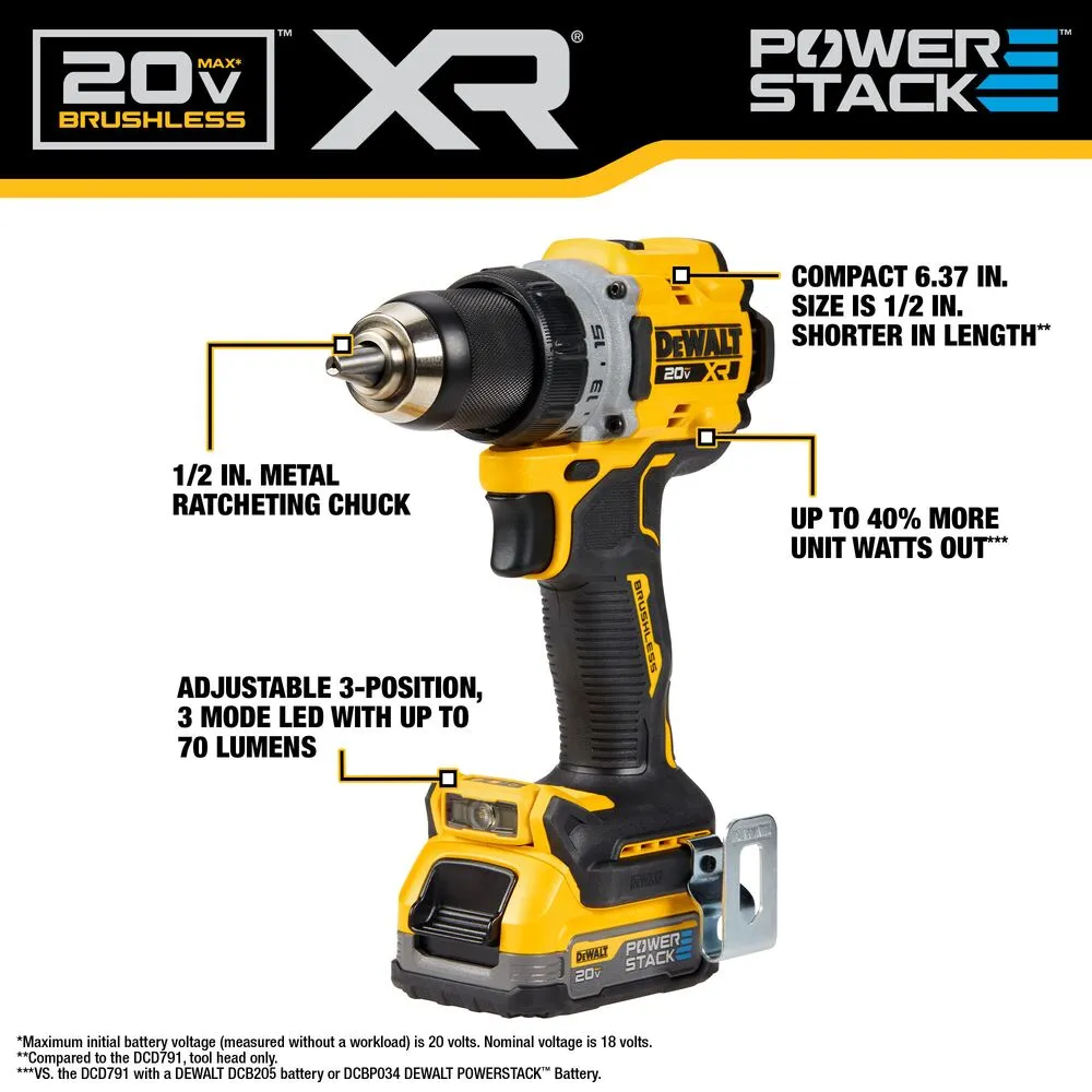 DeWALT DCD800D1E1 20V MAX XR 1/2" Brushless Cordless Drill/Driver Kit