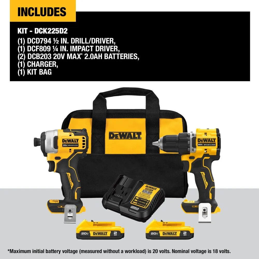 DeWALT DCK225D2 20V MAX ATOMIC 1/2" Drill Driver / 1/4" Impact Driver Combo Kit