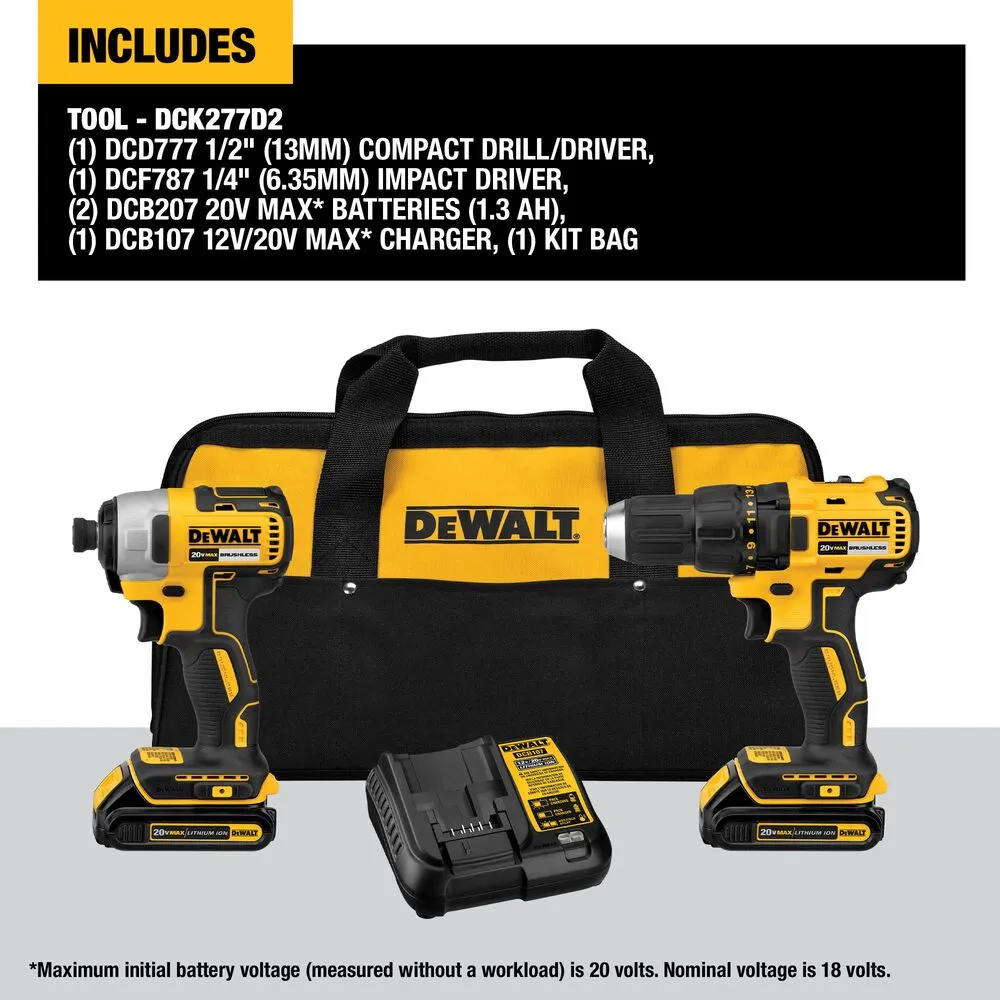 DeWALT DCK277D2 20V MAX Cordless Brushless Drill / Impact Driver Combo Kit