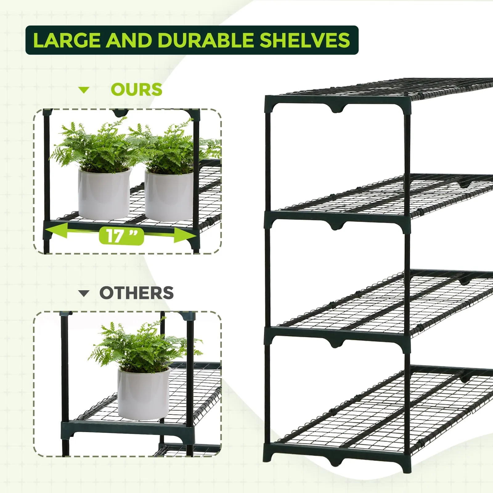 EAGLE PEAK Greenhouse Shelving Staging Double 4 Tier, Outdoor / Indoor Plant Shelves, 42" x 18" x 42", Green