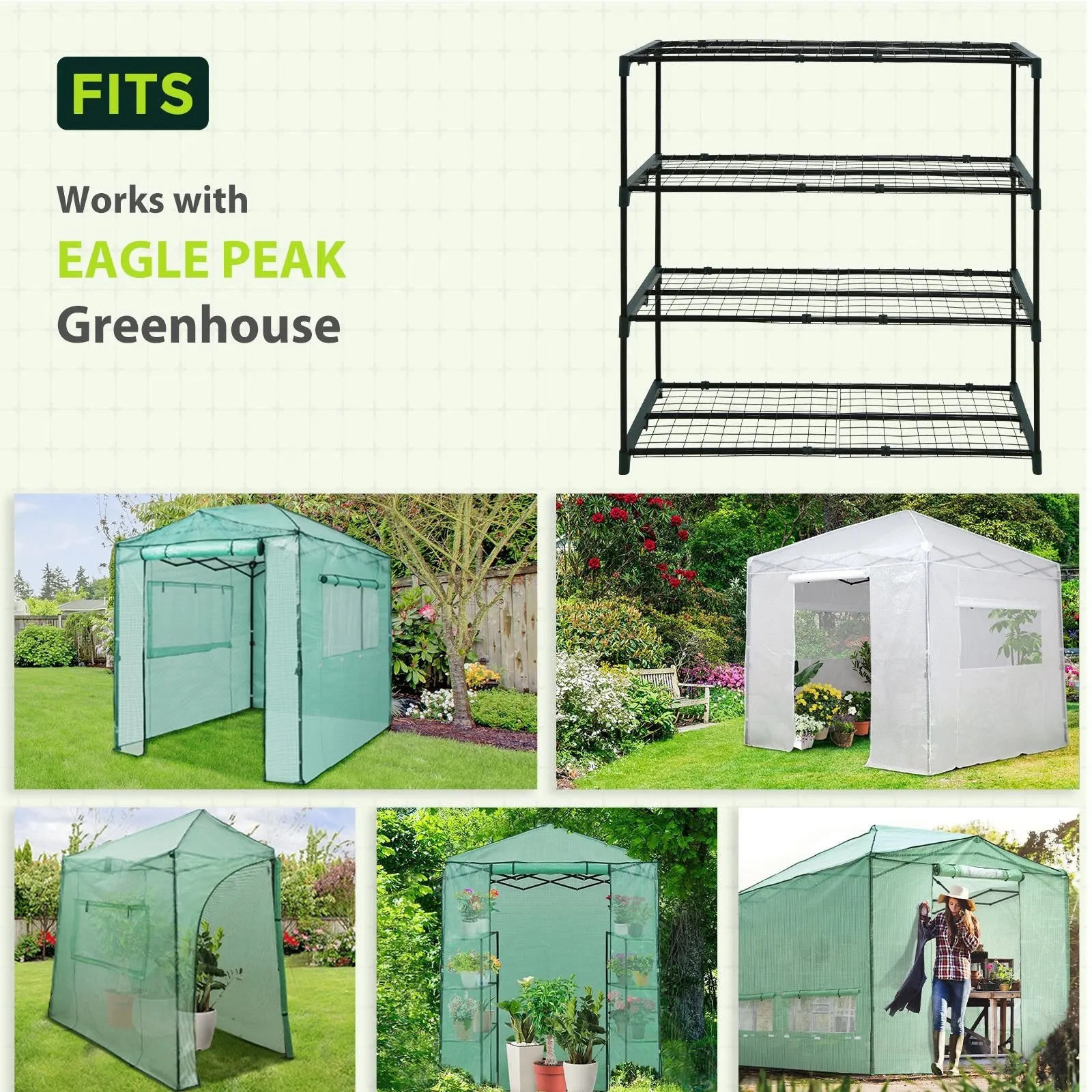 EAGLE PEAK Greenhouse Shelving Staging Double 4 Tier, Outdoor / Indoor Plant Shelves, 42" x 18" x 42", Green