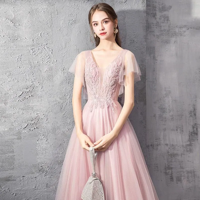 Elegant V-Neck Lace Appliques Sweet Pink Long Prom Dress