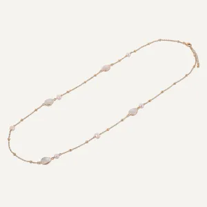 Long Moonstone & Pearl Crystal Stone Necklace In Gold-Tone