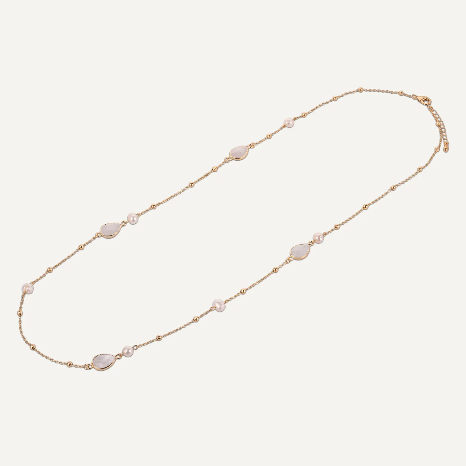 Long Moonstone & Pearl Crystal Stone Necklace In Gold-Tone