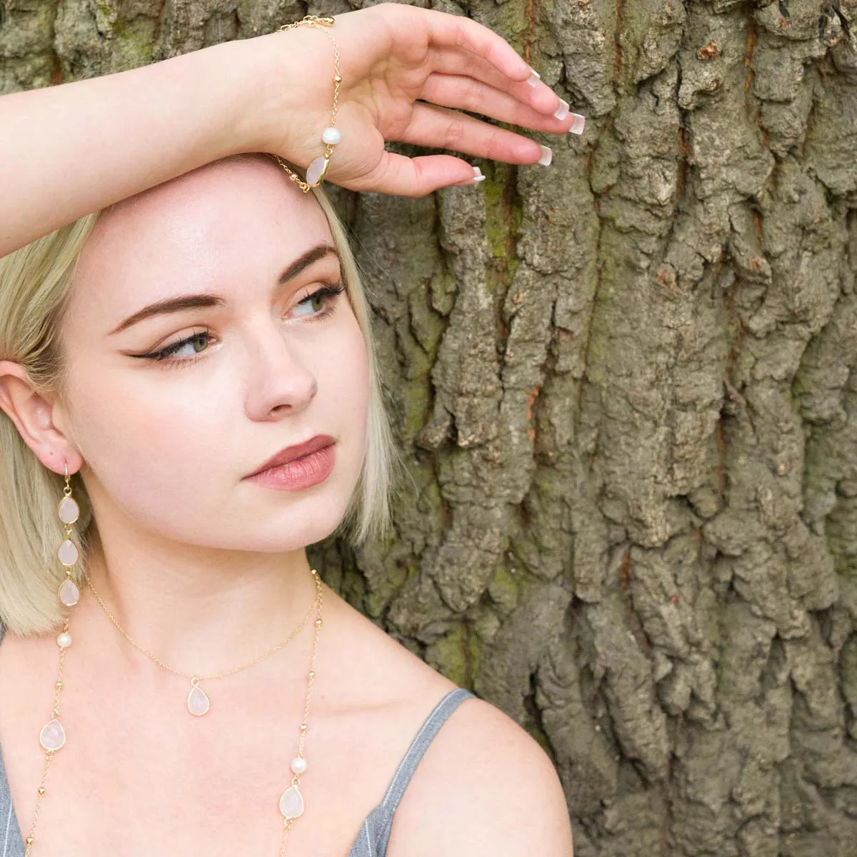 Long Moonstone & Pearl Crystal Stone Necklace In Gold-Tone