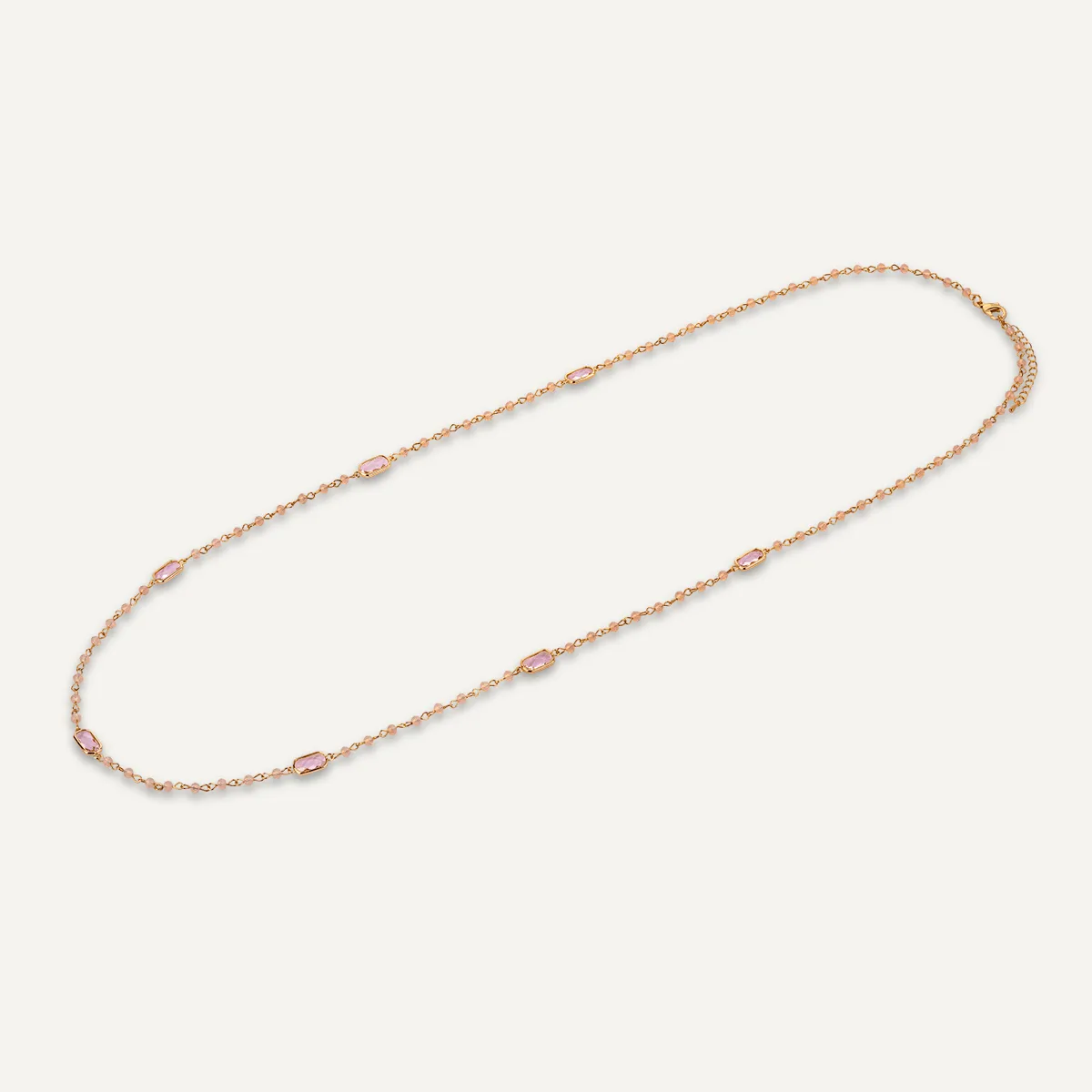 Long Pink Crystal Stone Necklace In Gold-Tone