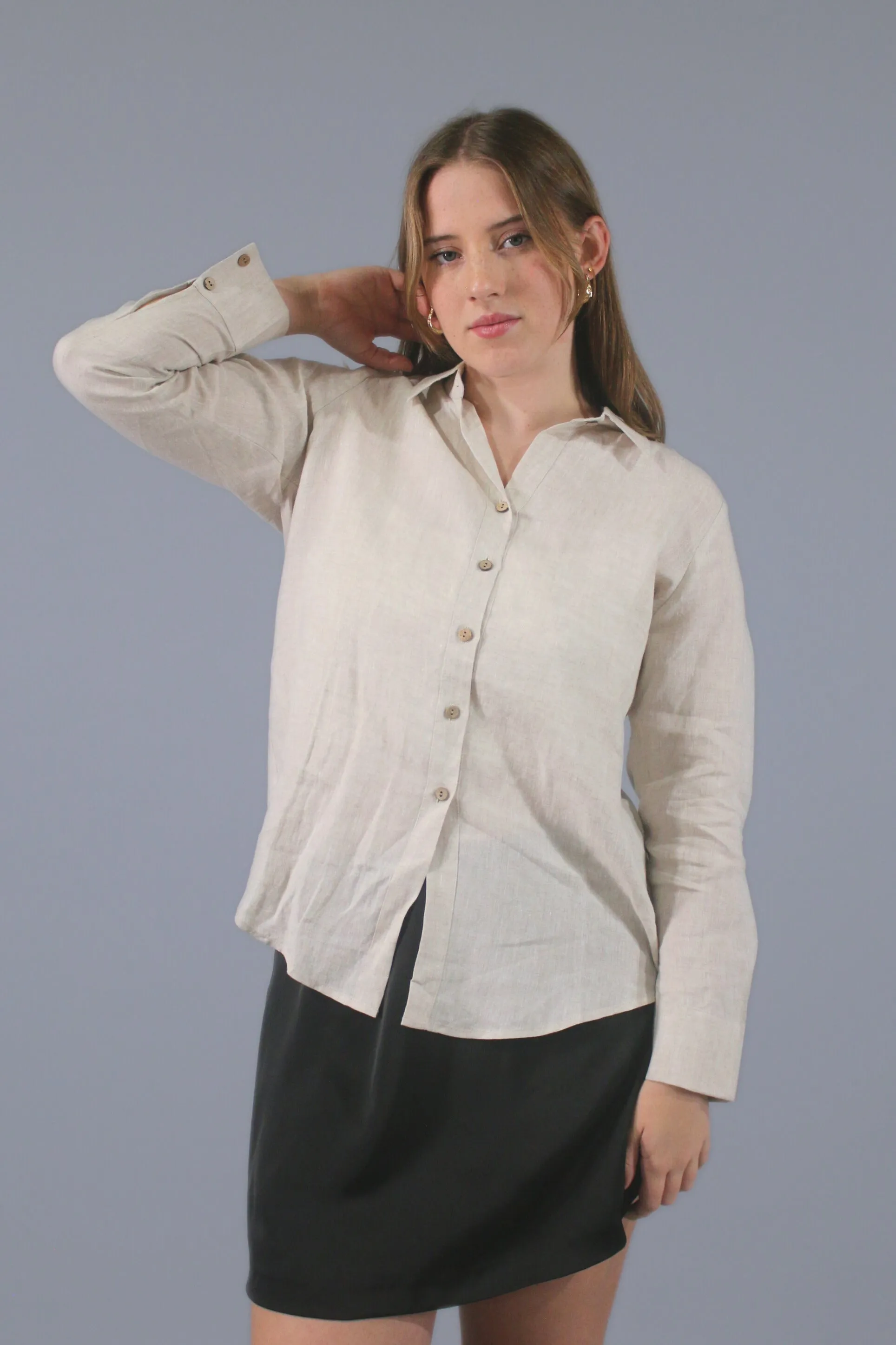 Michelle Long-Sleeve Button-Up Collared 100% Linen Dress Shirt