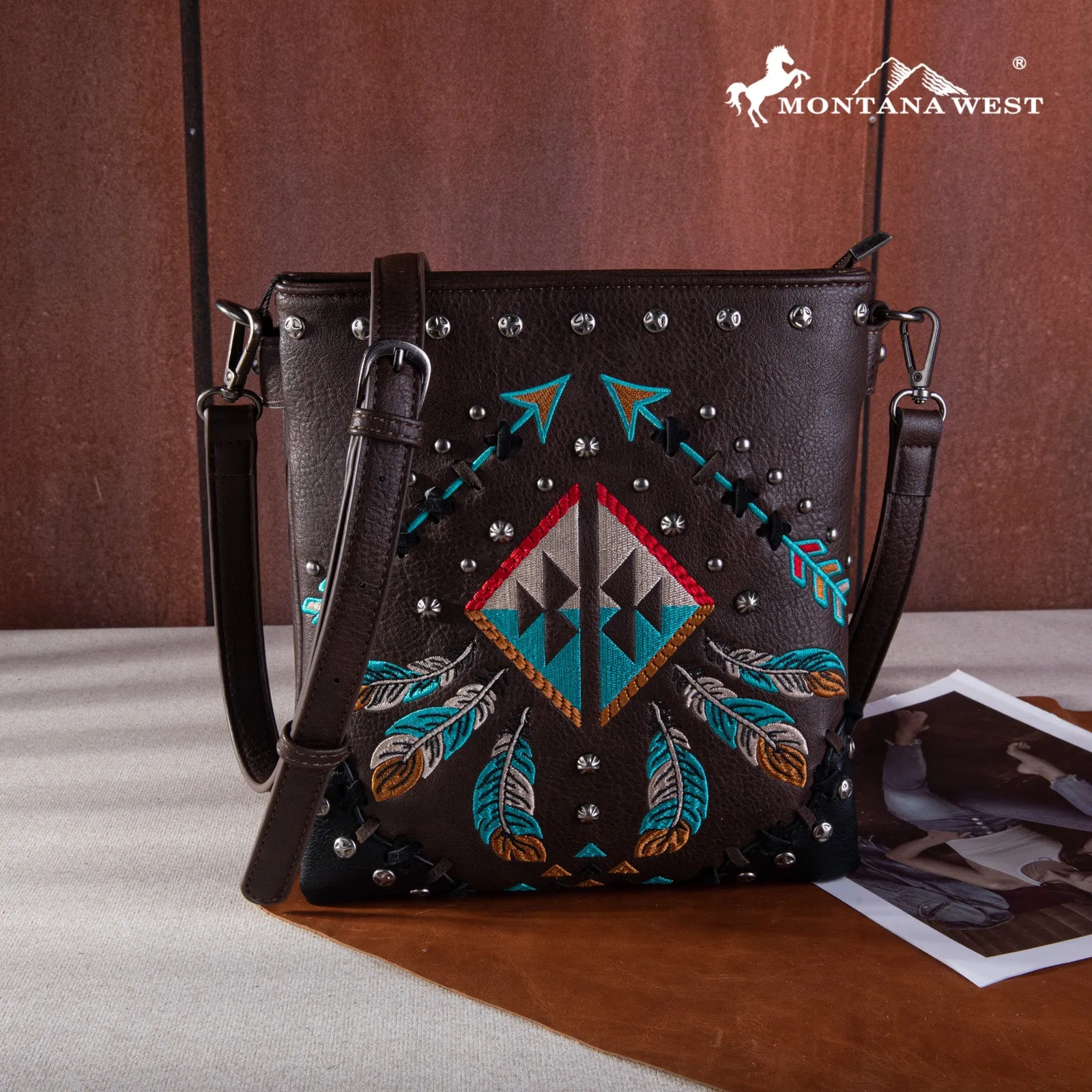 MW1246G-9360  Montana West Embroidered Arrows Feather Collection Concealed Carry Crossbody