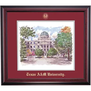 OCM Prestige Framed Artwork for Texas A&M TAMU Aggies | Watercolor Engraving of the Academic Building with Maroon/Gray Mat | College Home & Office Wall Decor | Gift