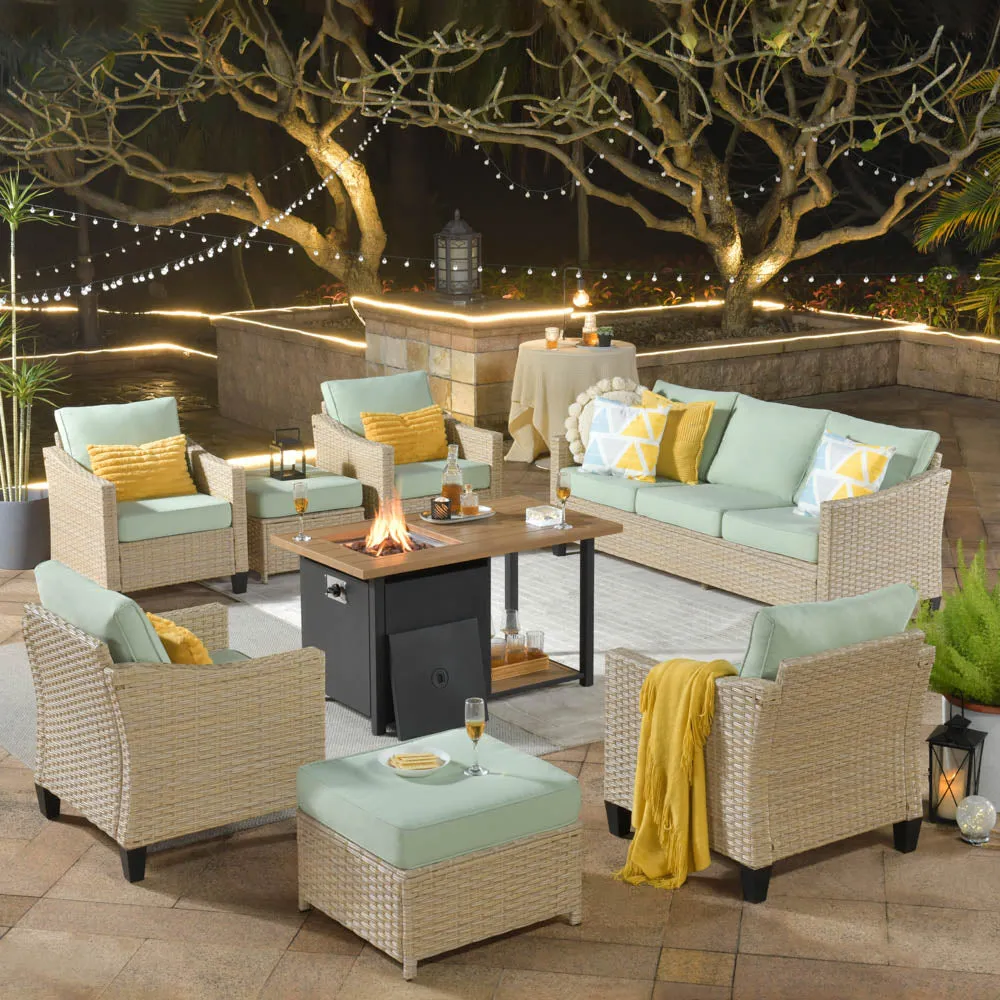 Ovios Athena Series Outdoor Patio Furniture Set 8-Piece with 46'' Double Layer Rectangle Fire Pit Table