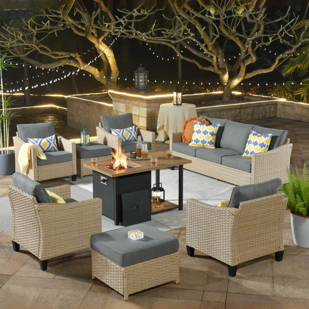 Ovios Athena Series Outdoor Patio Furniture Set 8-Piece with 46'' Double Layer Rectangle Fire Pit Table