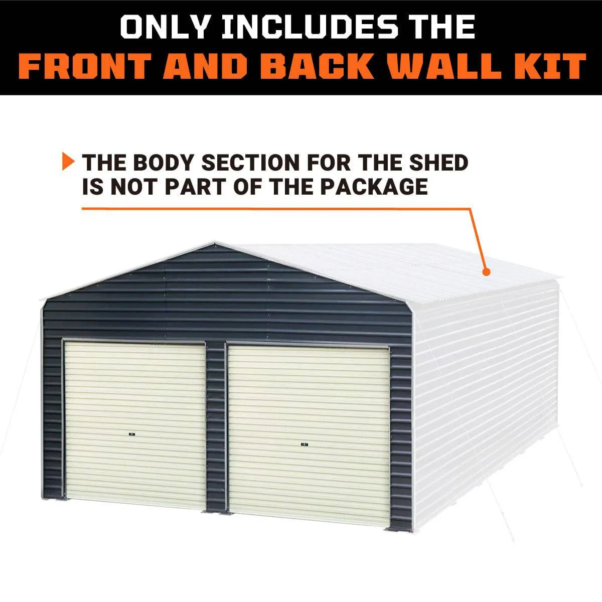 TMG Industrial Metal Shed Carport Add-On Package Kit For TMG-MSC2020F And TMG-MSC2030F , Front Wall w/Roll Up Doors & Back Wall, TMG-MSC20-RD12