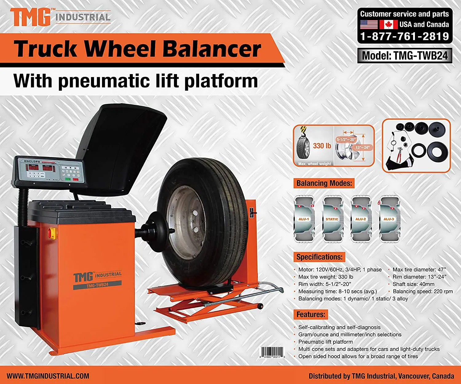 TMG Industrial Truck Wheel Balancer, Self-Calibrating, Air Powered Lift, 13”-24” Rim, Computerized, 220 RPM,  /- 1 g of Accuracy, TMG-TWB24